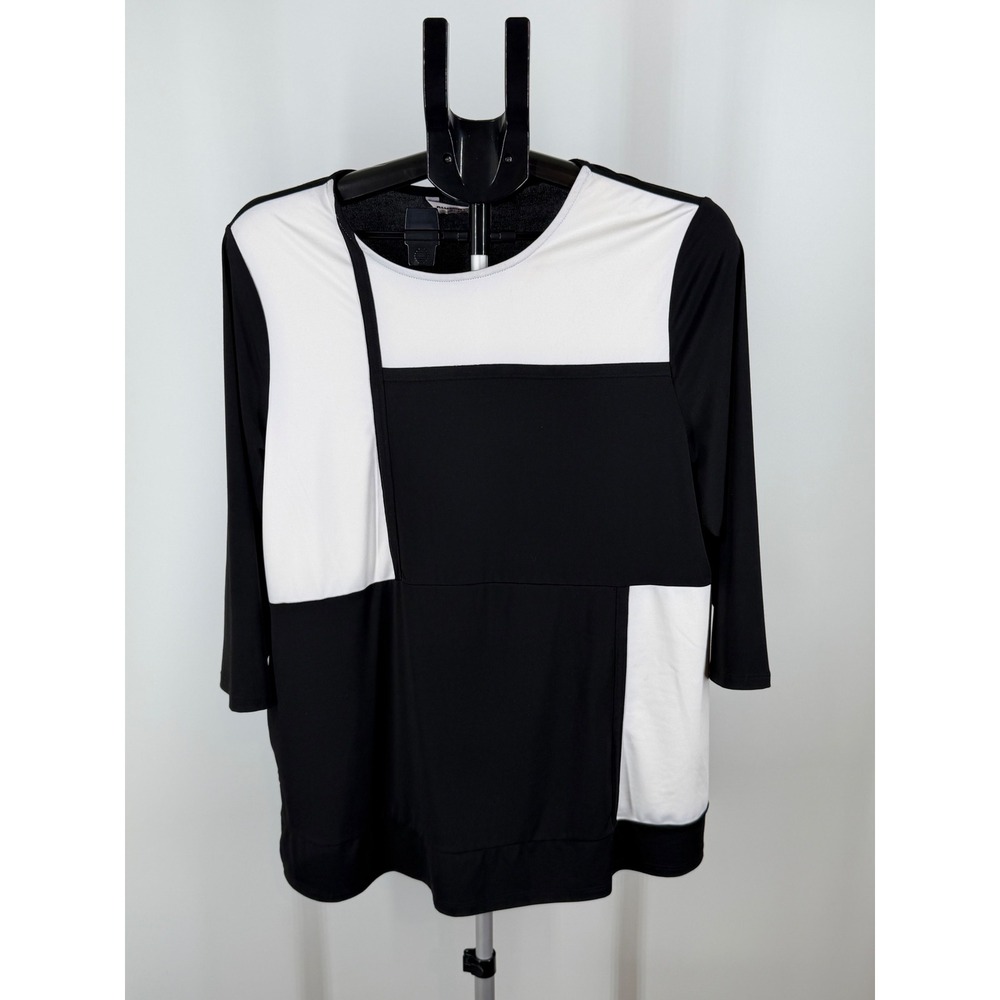 Allison Daley Petite Black White Colorblock 3/4 Sleeve Knit Top Blouse PM